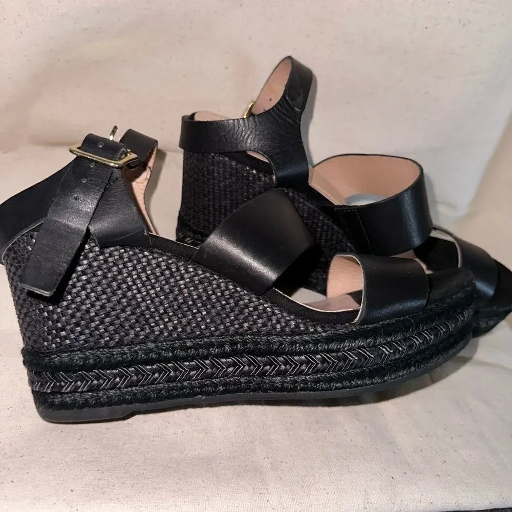 Dione Made in Spain Black Leather Espadrille Wedge Sandals EU39 Stylish & Rare